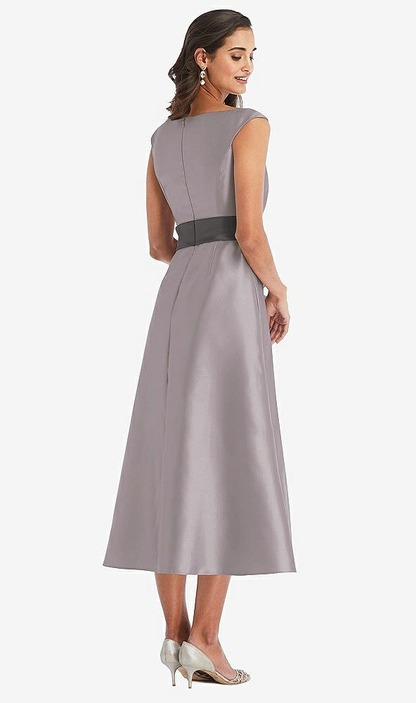 Back View - Cashmere Gray & Caviar Gray Off-the-Shoulder Draped Wrap Satin Midi Dress with Pockets