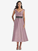 Front View Thumbnail - Dusty Rose & Caviar Gray Off-the-Shoulder Draped Wrap Satin Midi Dress with Pockets