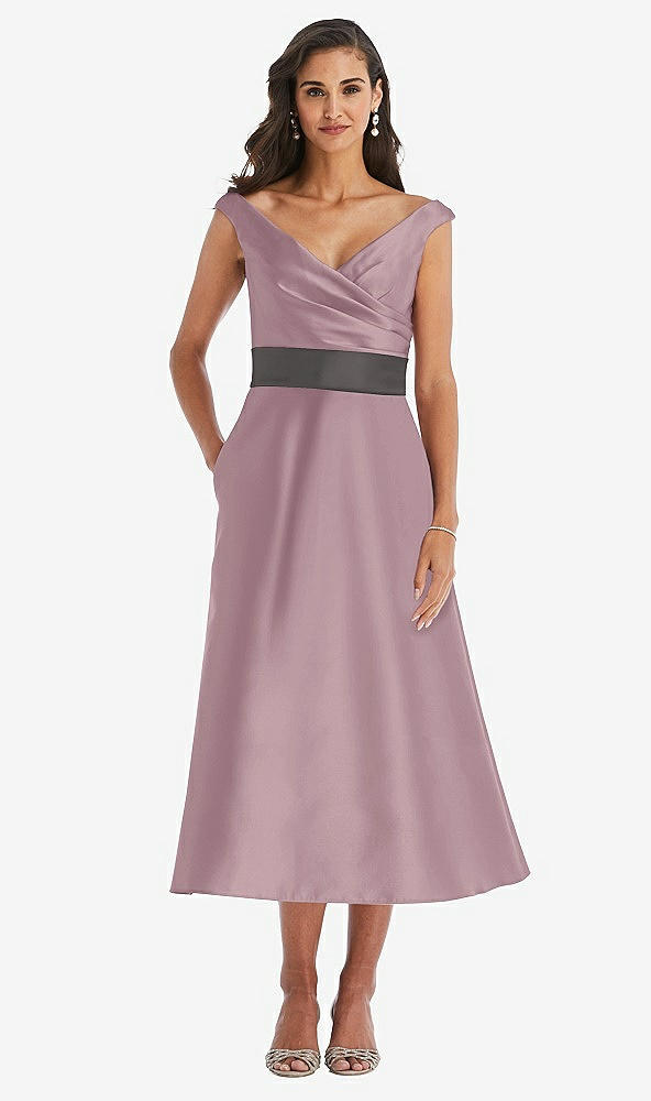 Front View - Dusty Rose & Caviar Gray Off-the-Shoulder Draped Wrap Satin Midi Dress with Pockets