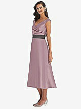 Side View Thumbnail - Dusty Rose & Caviar Gray Off-the-Shoulder Draped Wrap Satin Midi Dress with Pockets