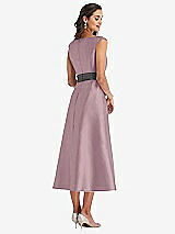 Rear View Thumbnail - Dusty Rose & Caviar Gray Off-the-Shoulder Draped Wrap Satin Midi Dress with Pockets