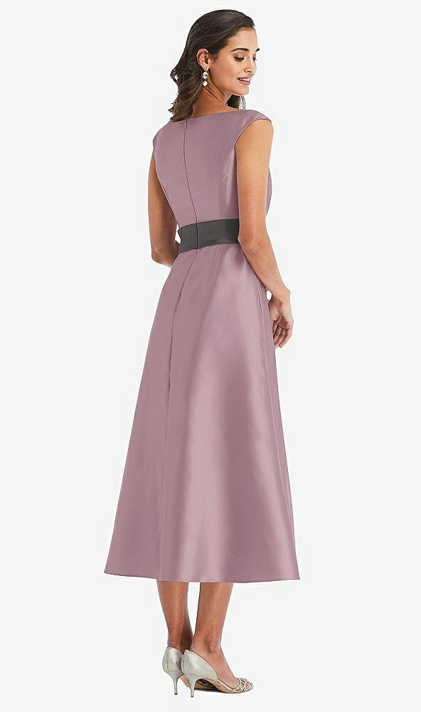 Back View - Dusty Rose & Caviar Gray Off-the-Shoulder Draped Wrap Satin Midi Dress with Pockets