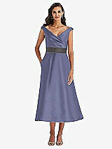 Front View Thumbnail - French Blue & Caviar Gray Off-the-Shoulder Draped Wrap Satin Midi Dress with Pockets