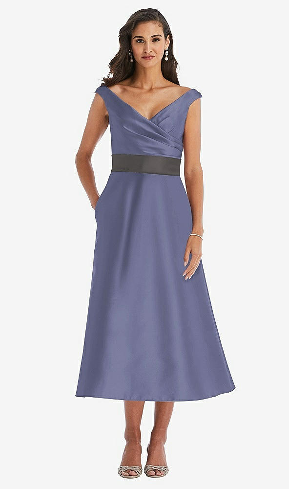 Front View - French Blue & Caviar Gray Off-the-Shoulder Draped Wrap Satin Midi Dress with Pockets