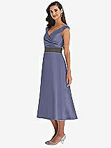 Side View Thumbnail - French Blue & Caviar Gray Off-the-Shoulder Draped Wrap Satin Midi Dress with Pockets