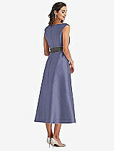 Rear View Thumbnail - French Blue & Caviar Gray Off-the-Shoulder Draped Wrap Satin Midi Dress with Pockets