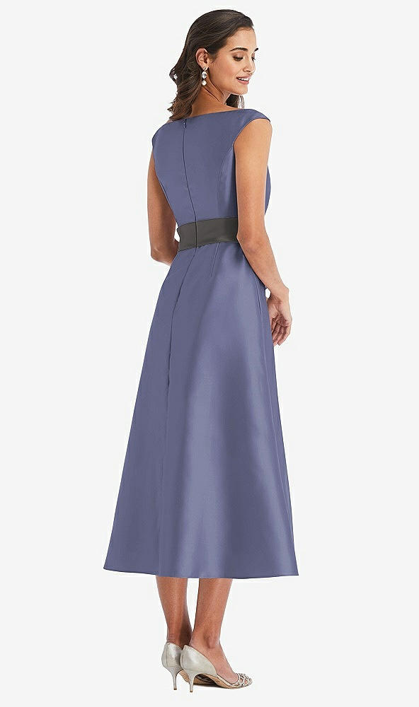 Back View - French Blue & Caviar Gray Off-the-Shoulder Draped Wrap Satin Midi Dress with Pockets