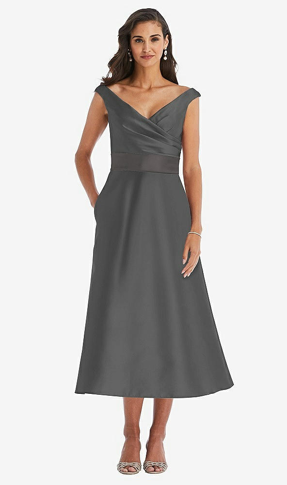 Front View - Gunmetal & Caviar Gray Off-the-Shoulder Draped Wrap Satin Midi Dress with Pockets