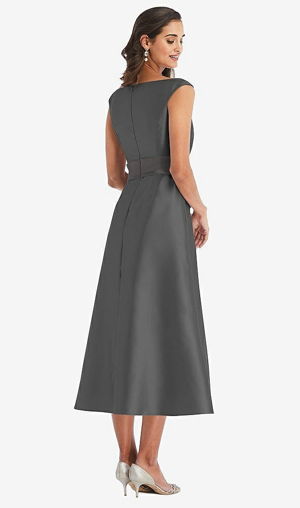 Back View - Gunmetal & Caviar Gray Off-the-Shoulder Draped Wrap Satin Midi Dress with Pockets