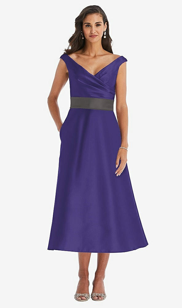 Front View - Grape & Caviar Gray Off-the-Shoulder Draped Wrap Satin Midi Dress with Pockets