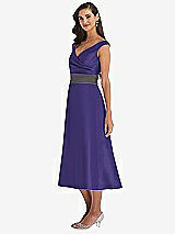 Side View Thumbnail - Grape & Caviar Gray Off-the-Shoulder Draped Wrap Satin Midi Dress with Pockets
