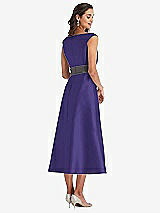 Rear View Thumbnail - Grape & Caviar Gray Off-the-Shoulder Draped Wrap Satin Midi Dress with Pockets