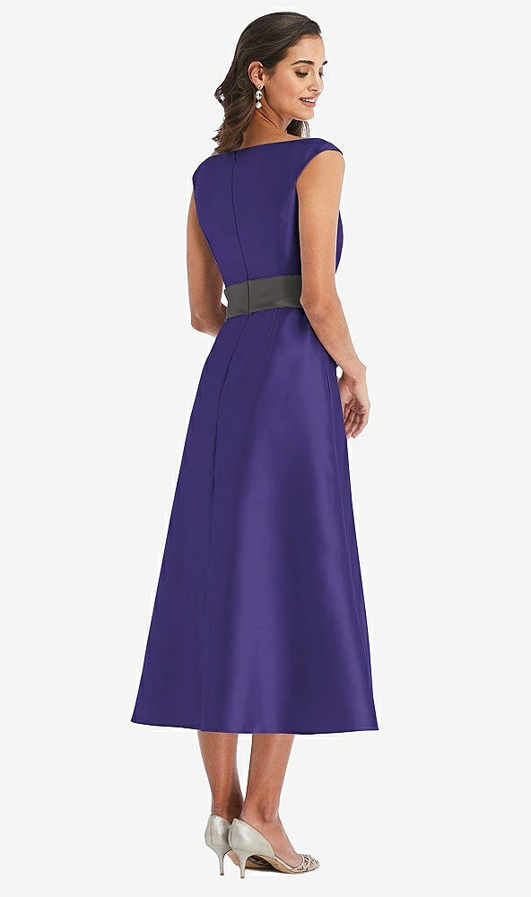 Back View - Grape & Caviar Gray Off-the-Shoulder Draped Wrap Satin Midi Dress with Pockets