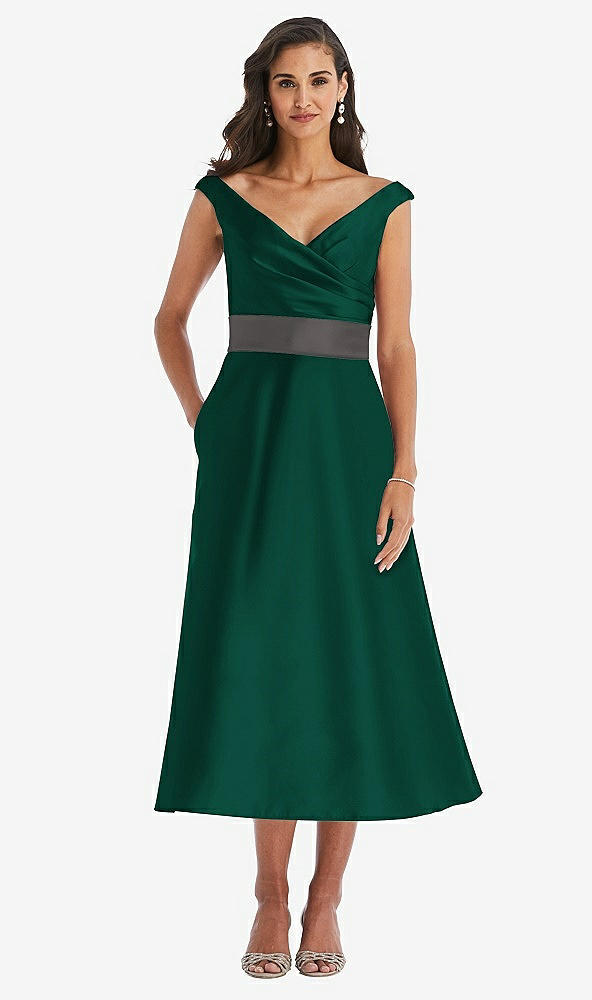 Front View - Hunter Green & Caviar Gray Off-the-Shoulder Draped Wrap Satin Midi Dress with Pockets