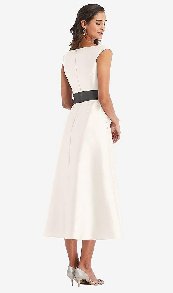 Back View - Ivory & Caviar Gray Off-the-Shoulder Draped Wrap Satin Midi Dress with Pockets