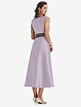 Rear View Thumbnail - Lilac Haze & Caviar Gray Off-the-Shoulder Draped Wrap Satin Midi Dress with Pockets