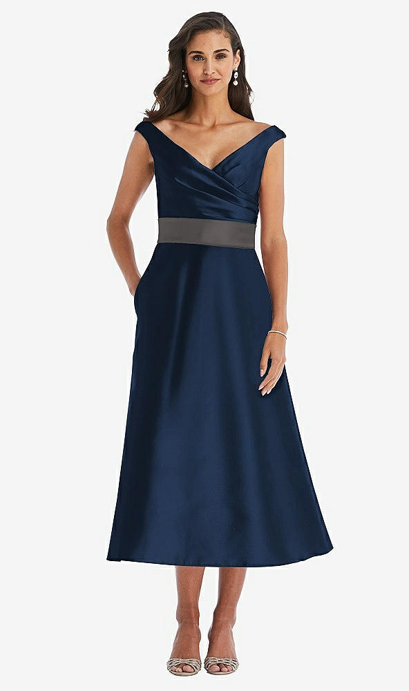 Front View - Midnight Navy & Caviar Gray Off-the-Shoulder Draped Wrap Satin Midi Dress with Pockets