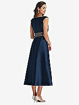 Rear View Thumbnail - Midnight Navy & Caviar Gray Off-the-Shoulder Draped Wrap Satin Midi Dress with Pockets
