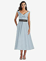 Front View Thumbnail - Mist & Caviar Gray Off-the-Shoulder Draped Wrap Satin Midi Dress with Pockets