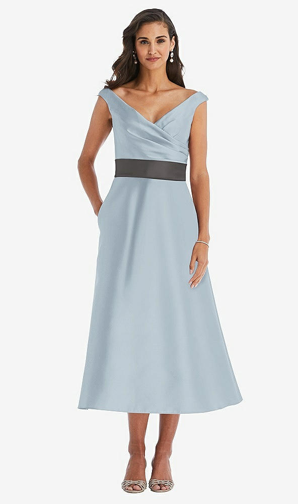 Front View - Mist & Caviar Gray Off-the-Shoulder Draped Wrap Satin Midi Dress with Pockets
