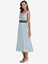 Side View Thumbnail - Mist & Caviar Gray Off-the-Shoulder Draped Wrap Satin Midi Dress with Pockets