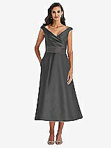 Front View Thumbnail - Pewter & Caviar Gray Off-the-Shoulder Draped Wrap Satin Midi Dress with Pockets