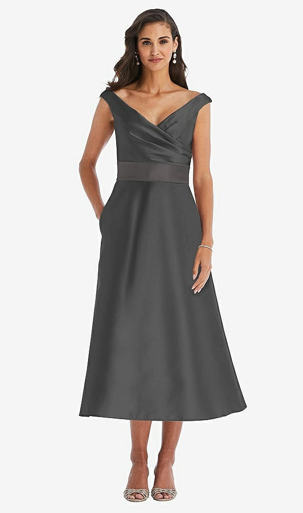 Front View - Pewter & Caviar Gray Off-the-Shoulder Draped Wrap Satin Midi Dress with Pockets
