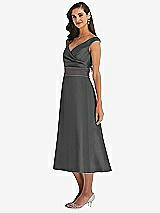 Side View Thumbnail - Pewter & Caviar Gray Off-the-Shoulder Draped Wrap Satin Midi Dress with Pockets