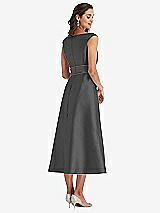 Rear View Thumbnail - Pewter & Caviar Gray Off-the-Shoulder Draped Wrap Satin Midi Dress with Pockets