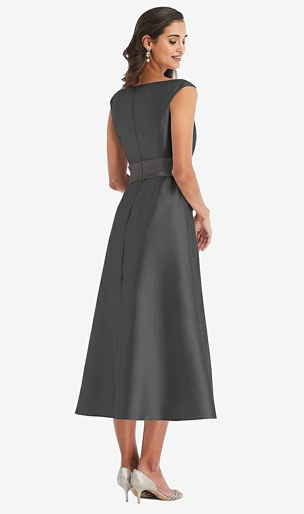 Back View - Pewter & Caviar Gray Off-the-Shoulder Draped Wrap Satin Midi Dress with Pockets