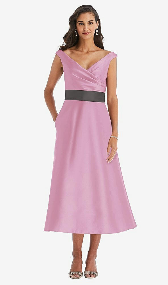 Front View - Powder Pink & Caviar Gray Off-the-Shoulder Draped Wrap Satin Midi Dress with Pockets