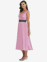 Side View Thumbnail - Powder Pink & Caviar Gray Off-the-Shoulder Draped Wrap Satin Midi Dress with Pockets