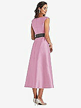 Rear View Thumbnail - Powder Pink & Caviar Gray Off-the-Shoulder Draped Wrap Satin Midi Dress with Pockets
