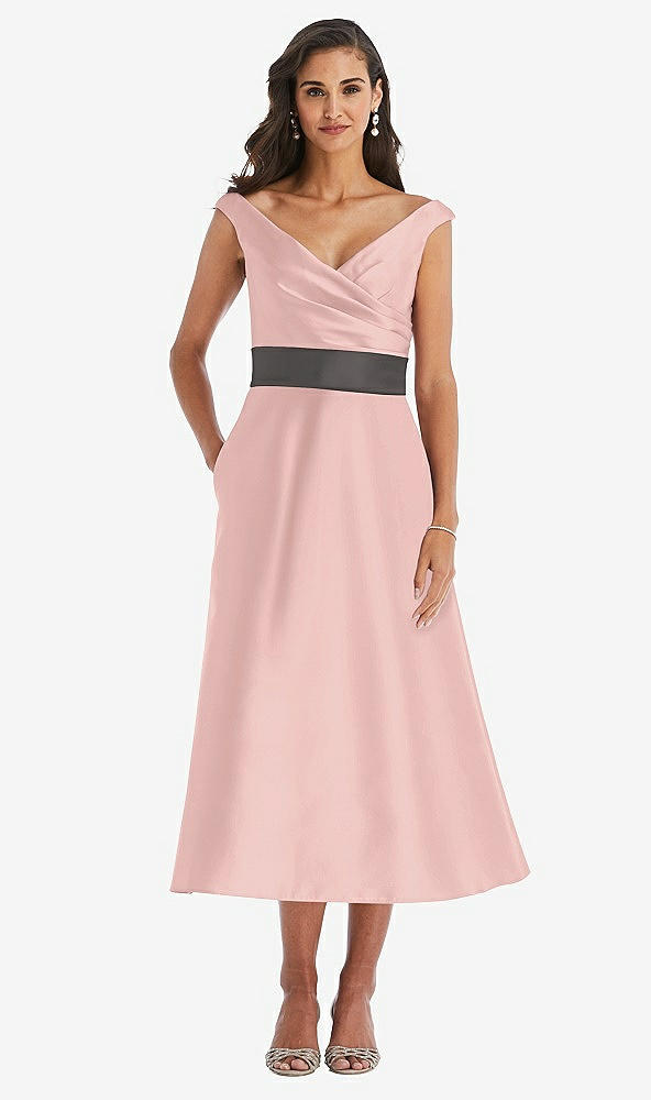 Front View - Rose - PANTONE Rose Quartz & Caviar Gray Off-the-Shoulder Draped Wrap Satin Midi Dress with Pockets