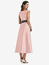Rear View Thumbnail - Rose - PANTONE Rose Quartz & Caviar Gray Off-the-Shoulder Draped Wrap Satin Midi Dress with Pockets
