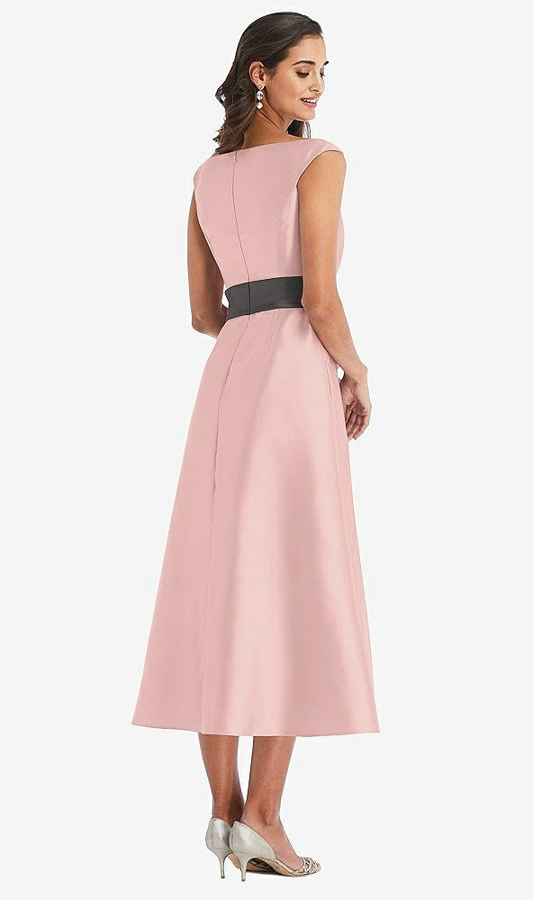 Back View - Rose - PANTONE Rose Quartz & Caviar Gray Off-the-Shoulder Draped Wrap Satin Midi Dress with Pockets