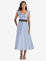 Front View Thumbnail - Sky Blue & Caviar Gray Off-the-Shoulder Draped Wrap Satin Midi Dress with Pockets