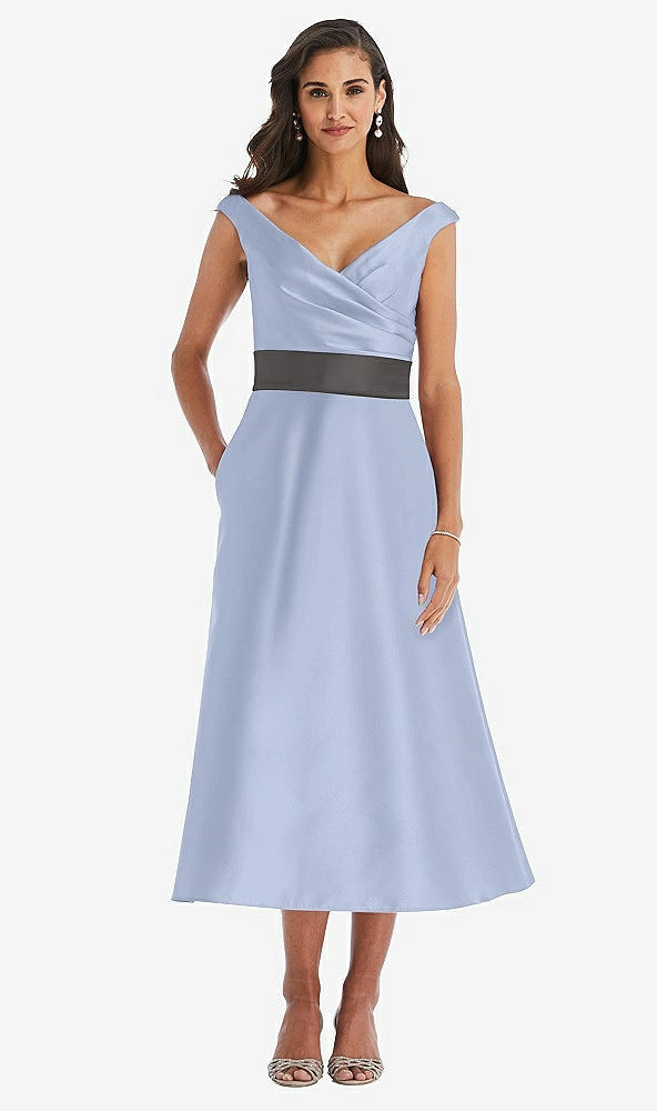 Front View - Sky Blue & Caviar Gray Off-the-Shoulder Draped Wrap Satin Midi Dress with Pockets