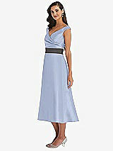 Side View Thumbnail - Sky Blue & Caviar Gray Off-the-Shoulder Draped Wrap Satin Midi Dress with Pockets