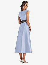 Rear View Thumbnail - Sky Blue & Caviar Gray Off-the-Shoulder Draped Wrap Satin Midi Dress with Pockets