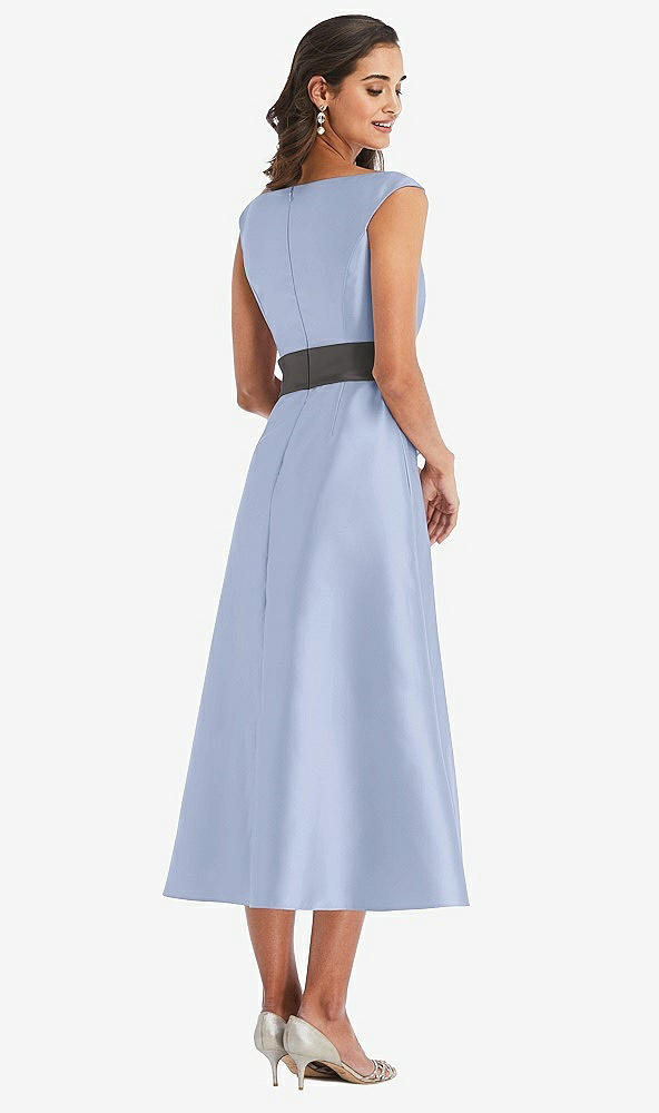 Back View - Sky Blue & Caviar Gray Off-the-Shoulder Draped Wrap Satin Midi Dress with Pockets