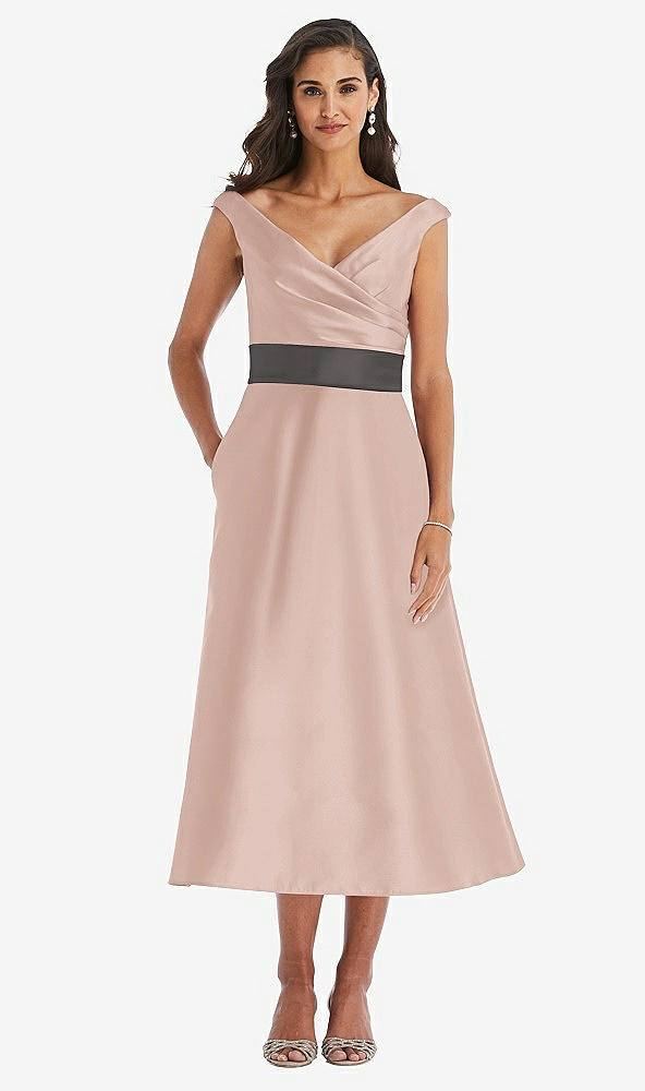Front View - Toasted Sugar & Caviar Gray Off-the-Shoulder Draped Wrap Satin Midi Dress with Pockets
