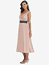 Side View Thumbnail - Toasted Sugar & Caviar Gray Off-the-Shoulder Draped Wrap Satin Midi Dress with Pockets