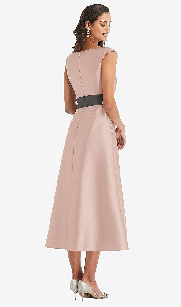 Back View - Toasted Sugar & Caviar Gray Off-the-Shoulder Draped Wrap Satin Midi Dress with Pockets