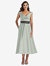 Front View Thumbnail - Willow Green & Caviar Gray Off-the-Shoulder Draped Wrap Satin Midi Dress with Pockets