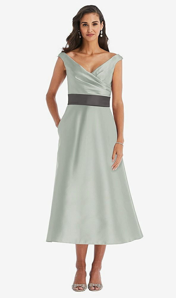 Front View - Willow Green & Caviar Gray Off-the-Shoulder Draped Wrap Satin Midi Dress with Pockets