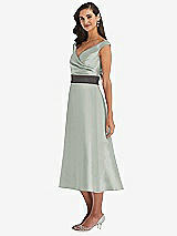 Side View Thumbnail - Willow Green & Caviar Gray Off-the-Shoulder Draped Wrap Satin Midi Dress with Pockets