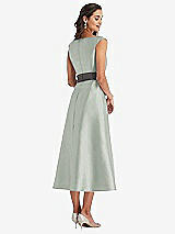 Rear View Thumbnail - Willow Green & Caviar Gray Off-the-Shoulder Draped Wrap Satin Midi Dress with Pockets