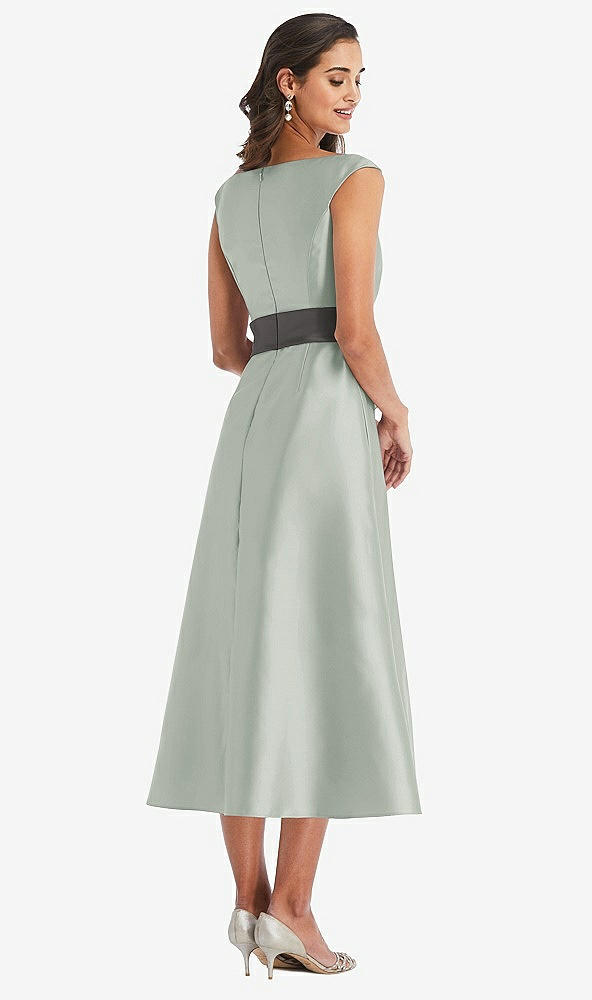 Back View - Willow Green & Caviar Gray Off-the-Shoulder Draped Wrap Satin Midi Dress with Pockets