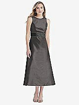 Front View Thumbnail - Caviar Gray & Pewter High-Neck Asymmetrical Shirred Satin Midi Dress with Pockets